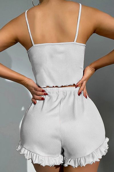 Rasabeauty Women's Strappy Mini Shorts Pajama Set White Camisole Ribbed