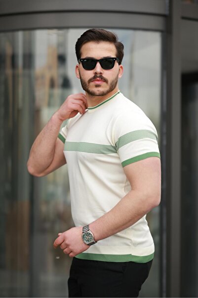 Miron Πλεκτό μπλουζάκι Ecru Crew με ριγέ λαιμόκοψη - 2418