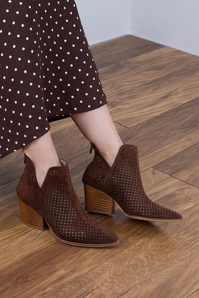 Afilli Women's Bitter Brown Perforated Transparent Short Thick Heeled Zipper Stylish Western Summer Cowboy Boots Shoes