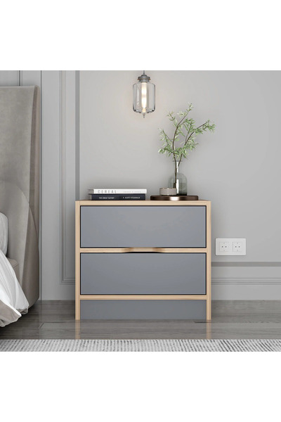 Furnitime Kulpsuz Çift Çekmeceli Komodin - Dore Ceviz/Antrasit Renk