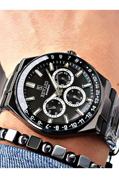 Reward Black Color Mirrored Glass Function Men's Wrist Watch + Bracelet