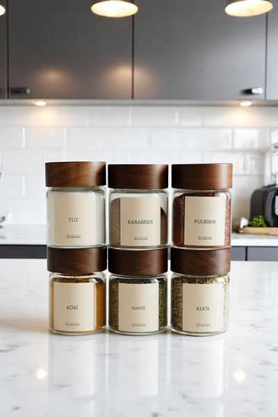 Sevinse Home Set of 12 Acacia Lid Glass Spice Shakers / 32 Tags Gift / 300ml