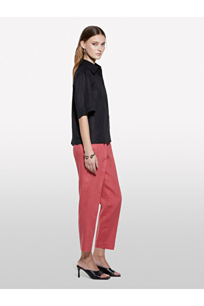 Sisley Women's Dark Pink 100% Linen Elastic Waist Pleated Front Trousers