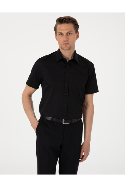Pierre Cardin Siyah Parlak Saten Regular Fit Kısa Kollu Basic Gömlek 50302763...
