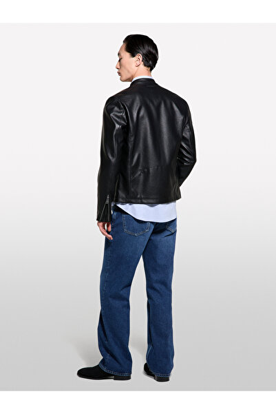 Sisley Ανδρικό μαύρο δερμάτινο μπουφάν με λεπτομέρεια με λογότυπο Biker