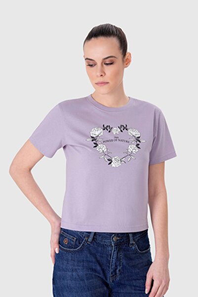 UNIQVIBE Γυναικείο μπλουζάκι με στάμπα από οργανικό βαμβάκι σε μωβ χρώμα