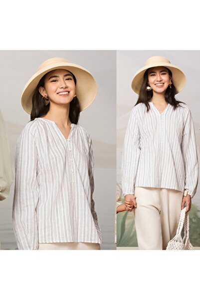 Giordano Women's Dobby V neck Half Placket Shirt