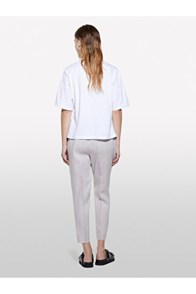 Sisley Women's Gray 100% Linen Elastic Waist Pleated Front Trousers