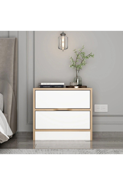 Furnitime Kulpsuz Çift Çekmeceli Komodin - Dore Ceviz/Beyaz Renk