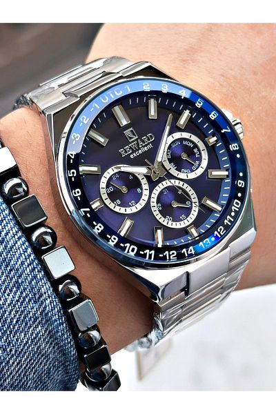 Reward Silver Color Mirrored Glass Function Men's Wrist Watch + Bracelet