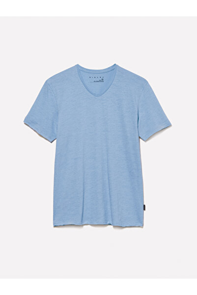 Sisley Ανδρικό μπλουζάκι Aviator Blue 100% βαμβακερό με λαιμόκοψη σε σχήμα V Slim Fit Slub T-Shirt