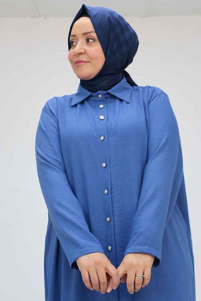 Eslina 57020 Large Size Buttoned Linen Trousers Suit - Indigo