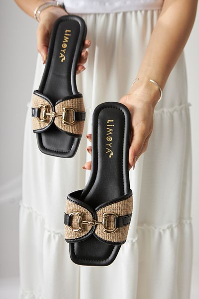Limoya Elanor Black Buckle Flat Sole Women's Slippers