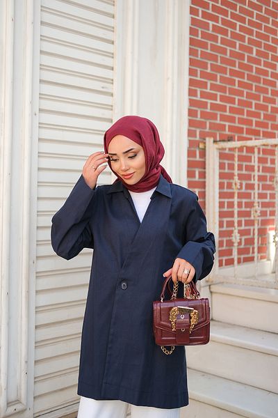 LOCCO Γυναικείο λινό μπουφάν με διπλό γιακά Navy Blue