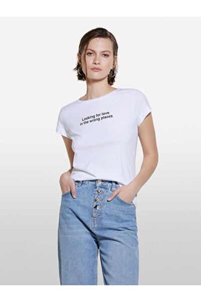 Sisley Femei Alb bumbac 100% cu imprimeu guler rotund Regular Fit tricou