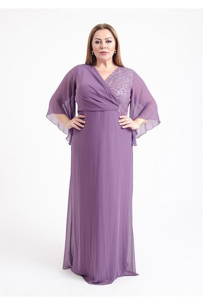 LİLAS XXL Plus Size Lavender Color Double Breasted Collar Chiffon Long Evening Dress