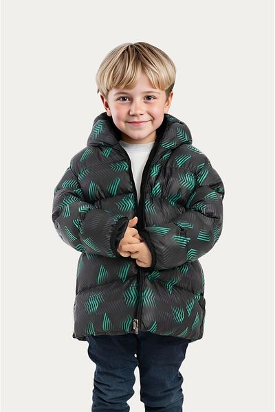 Outriverkids Boys' Winter Jacket - Black Green Digital Pattern, Fleece Water and Windproof, Hooded Inflatable