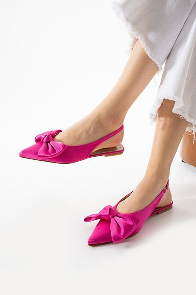 diclepolat Zeyna Fuchsia Satin Bow Detailed Pointed Toe Women's Ballerina Shoes