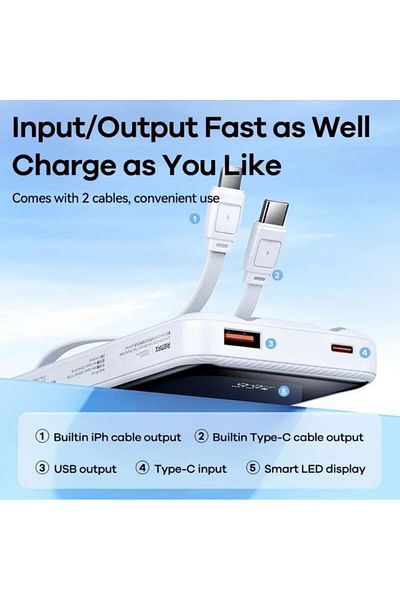 REDz Accessories Remax RPP-679 Battery, Powerbank 10,000mAh, Type-C and Lightning Cables LED Display, White