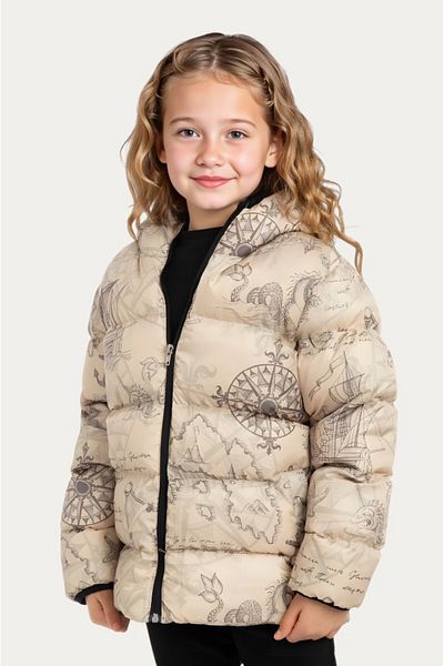 Outriverkids Palton de iarnă pentru fete, bej, cu model de busolă, fleece, impermeabil și rezistent la vânt, cu glugă, cu buzunare