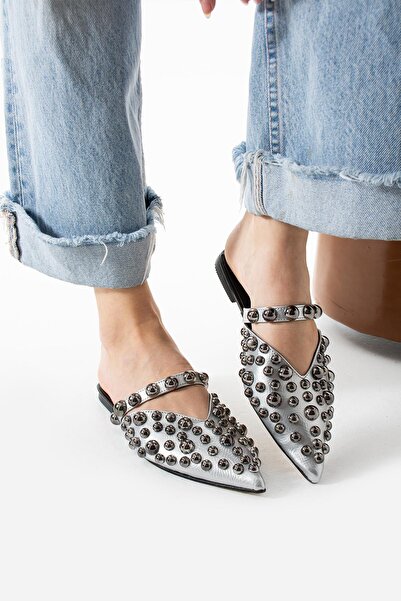 diclepolat Papuci de damă Loja Silver Platinum Trop cu talpă plată cu vârf ascuțit