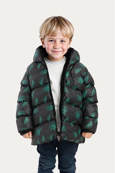 Outriverkids Boys' Winter Jacket - Black Green Digital Pattern, Fleece Water and Windproof, Hooded Inflatable