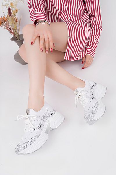 McDark Women's White Hidden Heel Stone Comfortable High Sole Knitwear Sneaker Shoes