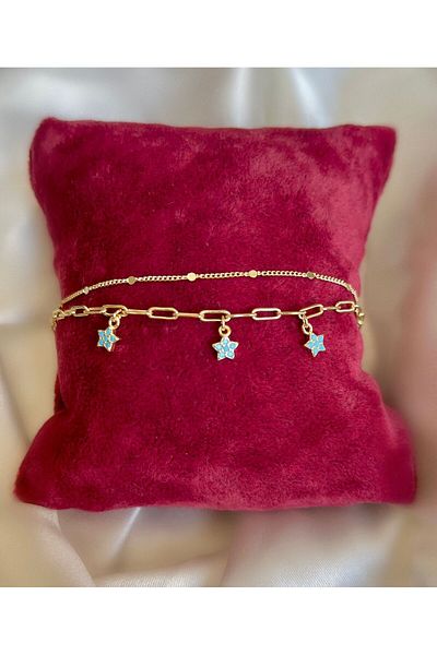 Bijou Luz Double Chain Anklet with Blue Stone Flower Figure