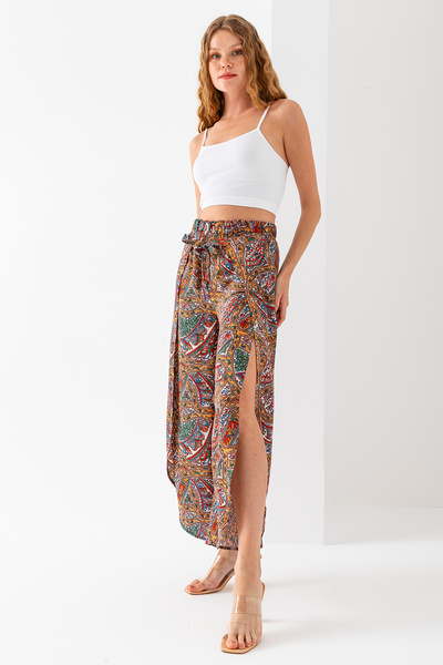 GİYSA Kadın Beli Lastikli İçi Şortlu Yırtmaçlı Şalvar Pantolon Hardal - F394