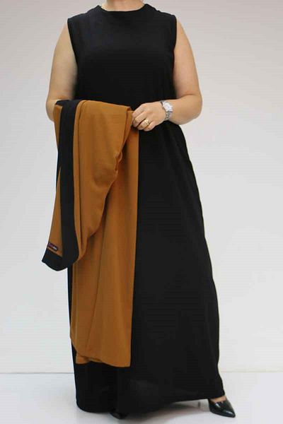 Eslina 57204 Φόρεμα Abaya με μεγάλο μέγεθος Etamine με γαρνιτούρα - Μαύρο-Μαύρο