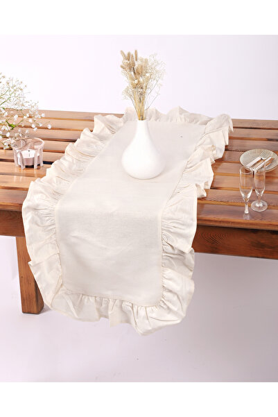 ÇIQRIK HOME Natural Fırfırlı Vintage Keten Runner Ranır 40x110 cm