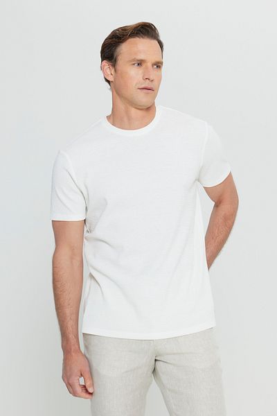 ALTINYILDIZ CLASSICS Men's Ecru Cotton Slim Fit Slim Fit Crew Neck Jacquard T-Shirt