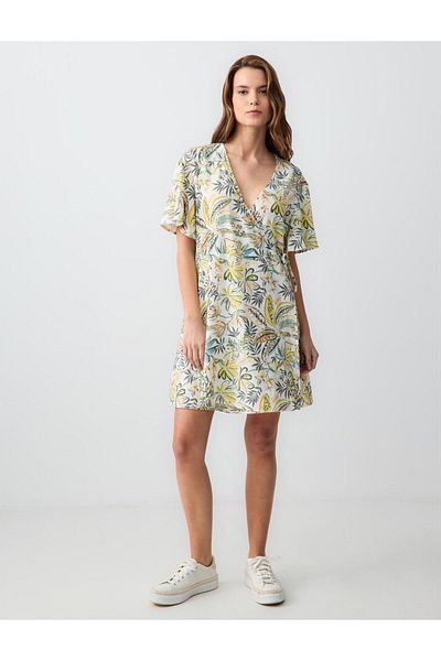 Jimmy Key Stone V-Neck Short Sleeve Print Linen Mini Dress