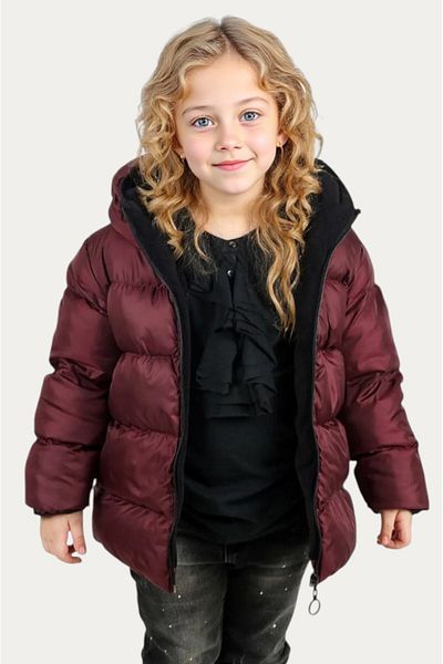 Outriverkids Girl's Burgundy Fleece Inside Furry Hooded Waterproof Wind Resistant Inflatable Winter Jacket Coat