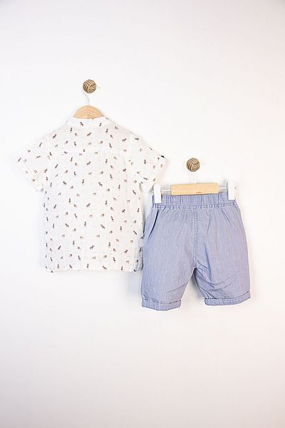 Bombili Short Sleeve Safari Patterned Summer Muslin Shirt Elastic Waist Shorts 2-Piece Boys' Set