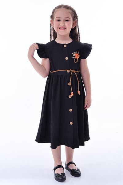minikiss Rochie pentru fete din țesătură Bürümcük cu nasturi din lemn și accesorii pentru curea din piele
