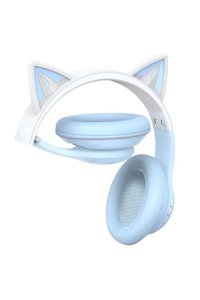 REDz Accessories XO-BE38 Cat Ear Bluetooth Headphones, Gaming, 300mAh, 6.5 Hours Battery Life, Colorful LED, Blue