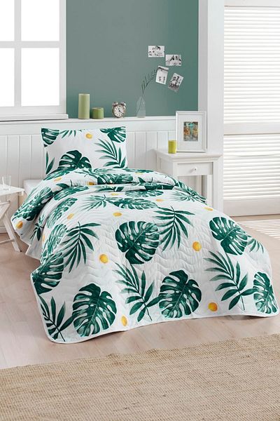 Eponj Home Set cuvertură de pat matlasată Monstera Green