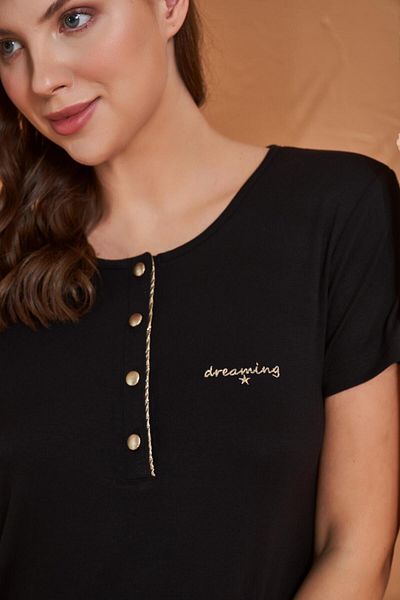 PJS Dreaming Women's Gold Detailed Collar Buttoned Short Sleeve Pajama Set