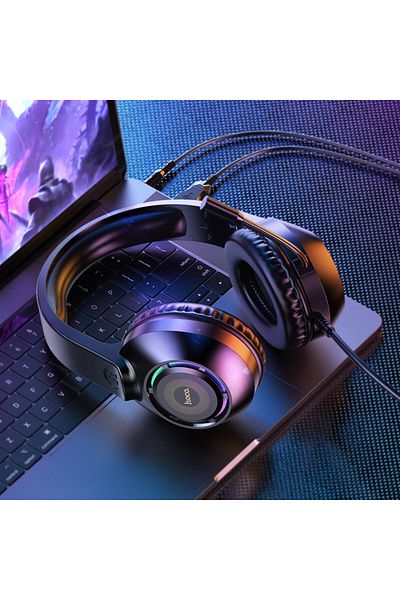 REDz Accessories Gaming Headset, Hoco W108, Long Microphone, Colorful Lights, Over Ear, 2m Wire, Black