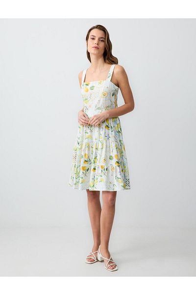Jimmy Key Galben Straight Cut Straps Square Neck Patterned Linen Mini Dress