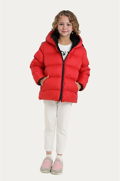 Outriverkids Girl's Red Fleece Hooded Waterproof Wind-Resistant Pocket Puffer Winter Coat