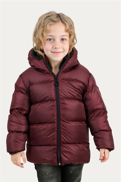 Outriverkids Girl's Burgundy Fleece Inside Furry Hooded Waterproof Wind Resistant Inflatable Winter Jacket Coat