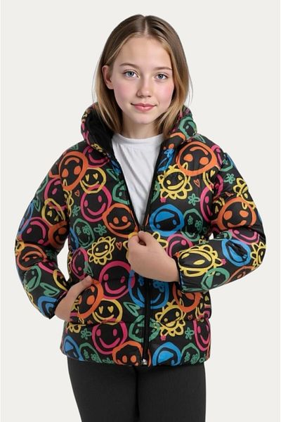 Outriverkids Girl's Emoji Patterned Fleece Furry Pocket Water and Windproof Hooded Winter Puffer Jacket