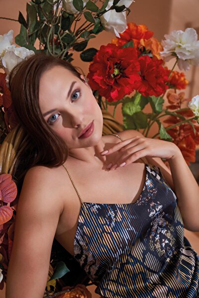 PJS 27072 Women's Special Boxed Stoned Rope Strap Satin Open Back Short Nightgown