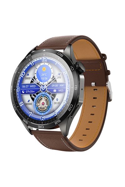 REDz Accessories HOCO Y21 Smart Watch, 250mAh Battery, Bluetooth Calls, 1.43 inch, Leather Look, Brown-Space Gray