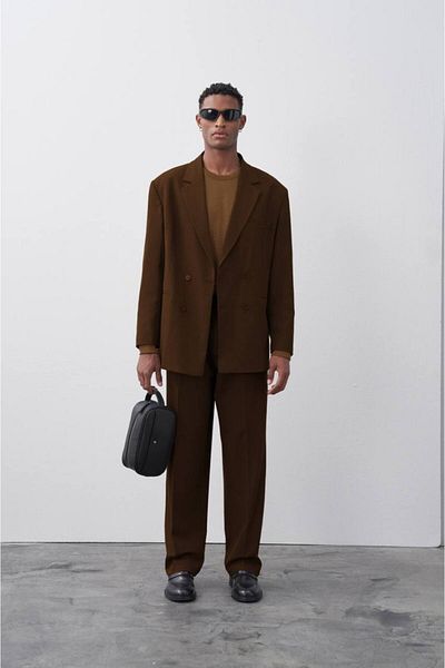 İLKCET MODA Кафяв костюм с двоен ред и голям размер