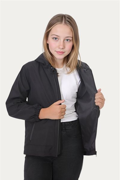 Outriverkids Girl's Black Lined Water and Windproof Hooded Double Zipper Pocket Raincoat