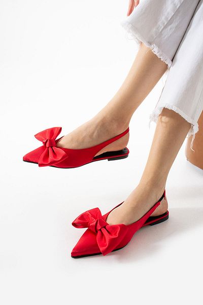 diclepolat Xena Red Satin Bow Detailed Pointed Toe Women's Ballerina Shoes
