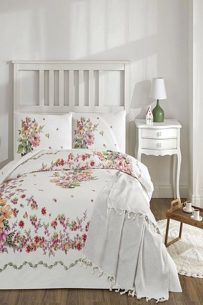 Taç Taç Flowers Cotton Double Duvet Cover Set + Throw Cover + 2 Cup Gift – Night Sparkle